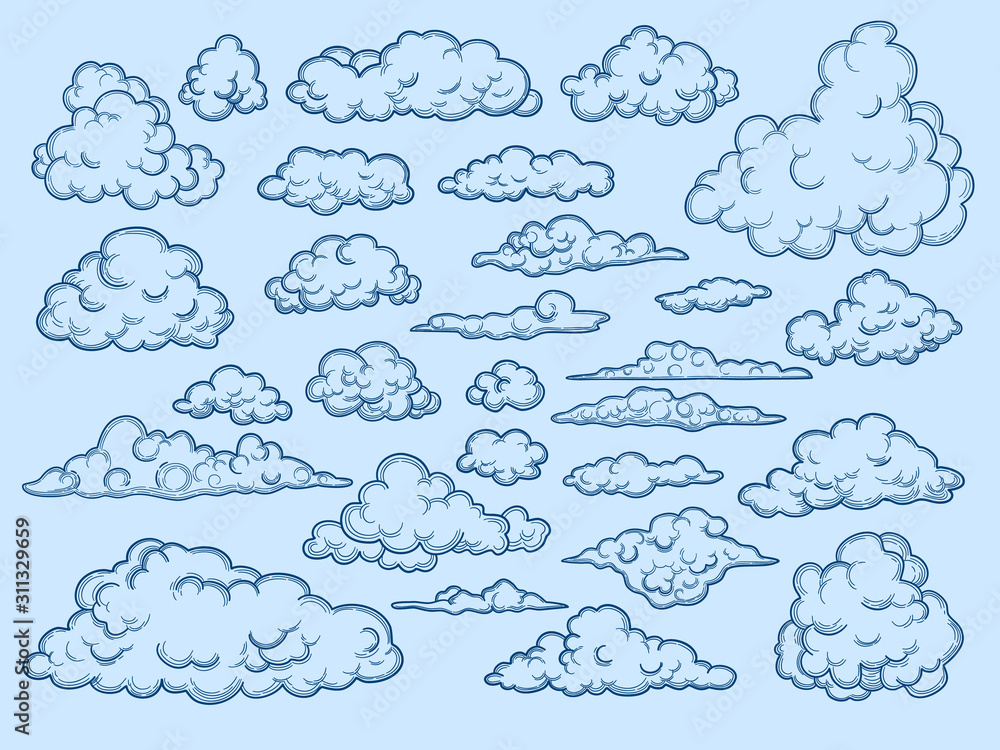 Poster clouds sketch. decorative sky elements weather clouds vector cloudscape vector vintage style. cloud 