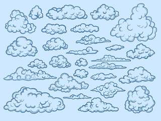 Clouds sketch. Decorative sky elements weather clouds vector cloudscape vector vintage style. Cloud collection design, overcast old-fashioned sketch illustration