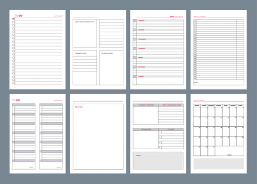 Organizer Pages. Office Agenda Weekly Template Layout Design Goals In Business Diary Vector. Office Page Agenda, Organizer And Schedule Week Or Day Illustration