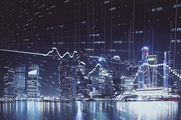 Financial chart on city scape with tall buildings background multi exposure. Analysis concept.