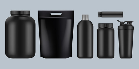 Protein packages. Fitness sport healthy food drink supplement whey bcaa nutrition containers plastic bottles for gym vector template. Sport product container, protein and supplement for power