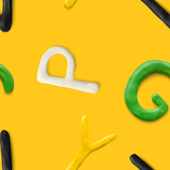 Seamless pattern with alphabet. Handmade modeling clay letters. Realistic 3d vector lettering background.