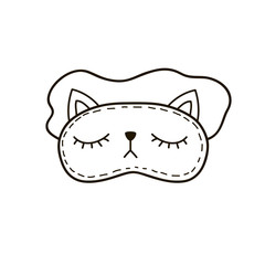 Cute mask for sleeping in the form of a cat. Vector linear illustration in doodle style.