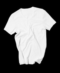 Blank white men's t-shirt on black cut background. Mock-up.