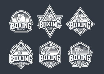 Boxing retro badge logo emblem design with boxer illustration pack with black and white color