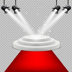 Fototapeta premium Red carpet and white podium. Award stage with projector lighting isolated vector realistic background. Illustration podium and pedestal stage