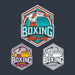 Boxing sport club retro badge logo emblem design with boxer illustration