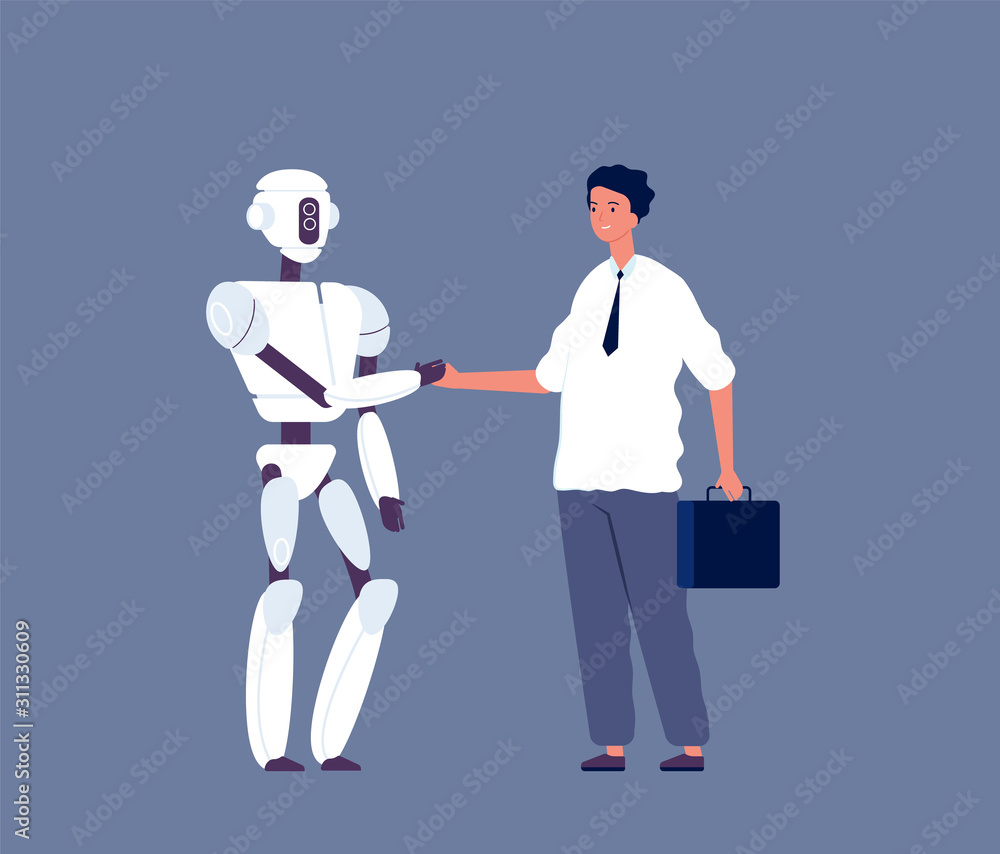 Poster robot handshaking. businessman meeting with futuristic android character human vs cyborgs concept ve