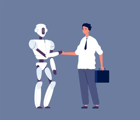 Robot handshaking. Businessman meeting with futuristic android character human vs cyborgs concept vector illustration. Robot cyborg communication handshake