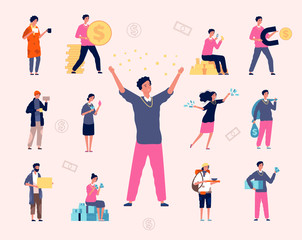 Homeless rich. Social problem sad and poor person happy characters with a lot of money luxury lifestyle vector characters. Rich person and homeless beggar illustration