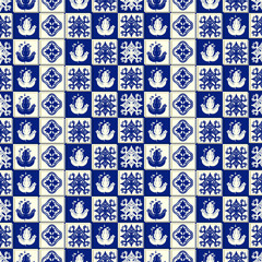 Vector tile pattern, Lisbon floral mosaic, Mediterranean seamless navy blue ornament