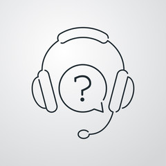 Preguntas más frecuentes. Icono plano lineal auriculares con micrófono y símbolo pregunta en fondo gris
