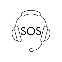 Llamada de emergencia. Icono plano lineal auriculares con micrófono y palabra SOS en color negro