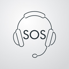 Llamada de emergencia. Icono plano lineal auriculares con micrófono y palabra SOS en fondo gris