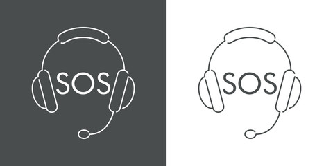 Llamada de emergencia. Icono plano lineal auriculares con micrófono y palabra SOS en fondo gris y fondo blanco