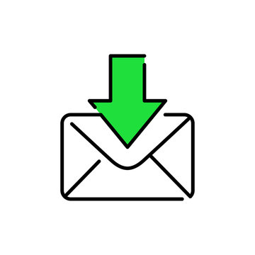 Bandeja de entrada. Icono plano lineal mensaje con flecha hacia abajo con color verde