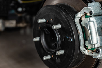 close up view of assembled disc brakes with brake caliper