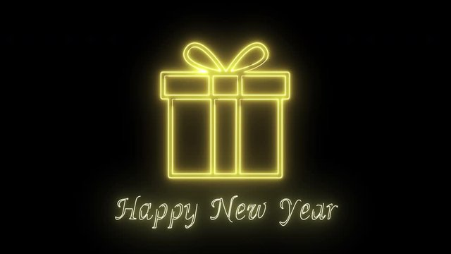 Happy new year and gift box animation neon glowing.