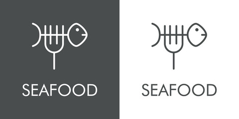 Logotipo con texto SEAFOOD con icono lineal de tenedor como espina de pescado en fondo gris y fondo blanco © teracreonte