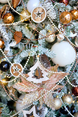 Beautiful decorations for christmas tree. A lot of christmas toys. 