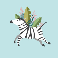 Fototapeta na wymiar Illustration with a zebra with tropical leaves. Vector drawing of an animal in flat style. Blue background