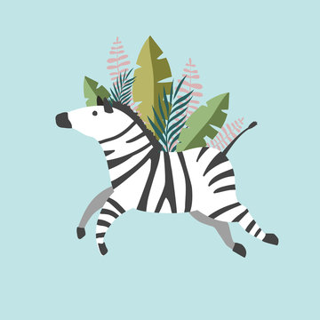 Illustration with a zebra with tropical leaves. Vector drawing of an animal in flat style. Blue background