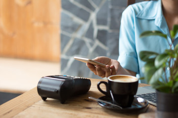 cafe making show transfer payment through smartphone app Mobile Payment with NFC technology on Smartphone shopping online