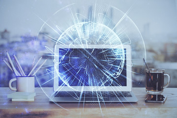 Multi exposure of business theme icons and work space with computer background. Concept of success.