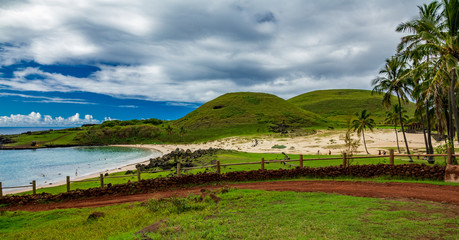 Profile view of Anakena beach and moai platform