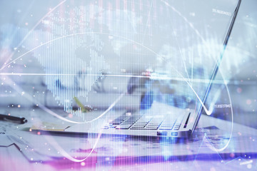 Multi exposure of business theme icons and work space with computer background. Concept of success.