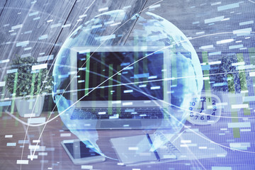 Multi exposure of business theme icons and work space with computer background. Concept of success.