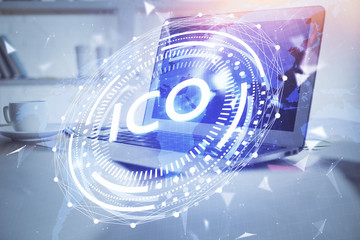 Multi exposure of blockchain theme hologram and table with computer background. Concept of bitcoin...