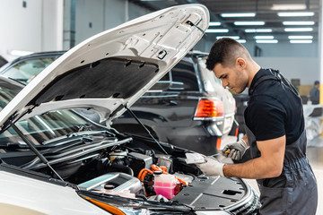 young mechanic wiping oil dipstick with rag near car engine compartment