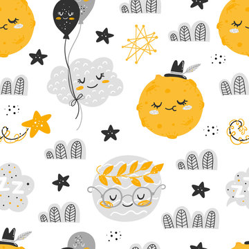 Vector seamless patterns with cute cartoon characters