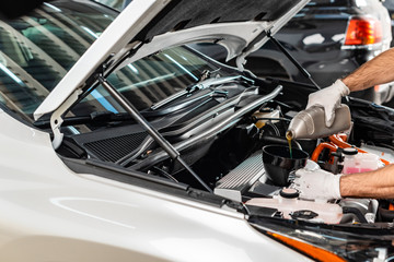 partial view of mechanic pouring motor oil at car engine