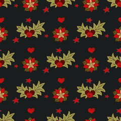 Obraz premium Christmas New Year pattern. Mistletoe, green twigs and hearts. Vector seamless pattern on a dark background.