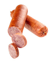 Two crossed sticks of smoked salami sausage with sliced pieces isolated on white background. 100 percent sharpness. Vertical.