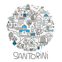 Santorini greece vector sketch logo. Circle composition with landscape elements: houses, domes, stairs. gates. Lines illustration for posters and souvenirs.