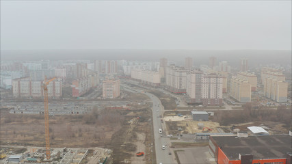 Russian city filmed from a quadrocopter. Penza city Zaprudny district. Beautiful airy autumn bright view of the city in Russia, shot from an unmanned quadrocopter