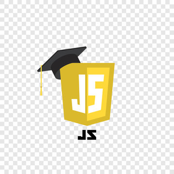 Javascript web technology shield with graduation hat. . Web site development icon on white background. Learn web programming concept.