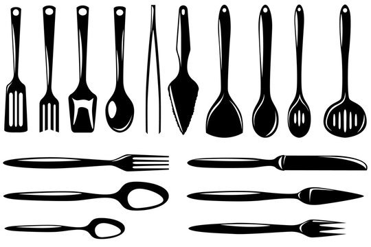 Set of isolated kitchenware icons skimmer, ladle, small ladle, draining spoon, slice and other.
