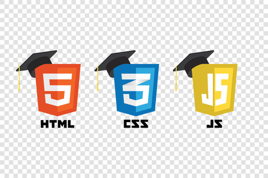 Web technology shields with graduation hat. . HTML , CSS, Javascript. Web site development icons. Learn web programming concept.