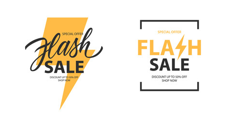 Flash Sale promotional labels templates set. Special offer text design with thunder sign and hand lettering for business, discount shopping, sale promotion and advertising. Vector illustration.
