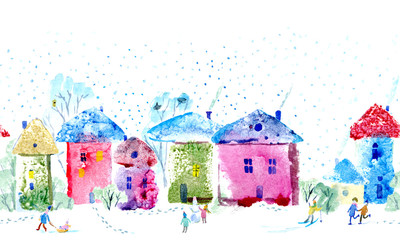 Seamless border of a snowy village,skating rink, ski and sled.Winter house.Watercolor hand drawn illustration.	