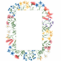 Hand drawn watercolor  spring flowers wreath illustration.Wildflower wreath/frame for wedding, birthday invitation. Meadow and field flower.