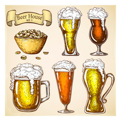 hand drawn beer with snack isolated on grunge backdrop. various types of beer glasses set in vintage style. Beer mugs with liquid dripping froth and pistachios. craft beer, food and appetizer in bar