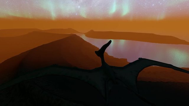 Flying pterodactyl against the red cloudscape
