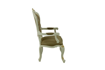 wooden chair with upholstery and armrests on a white background