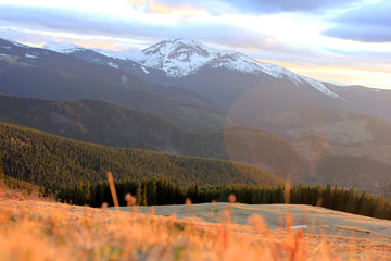 Ukrainian mountains. Spring clouds low mountains