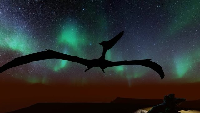 Flying pterodactyl against the red cloudscape